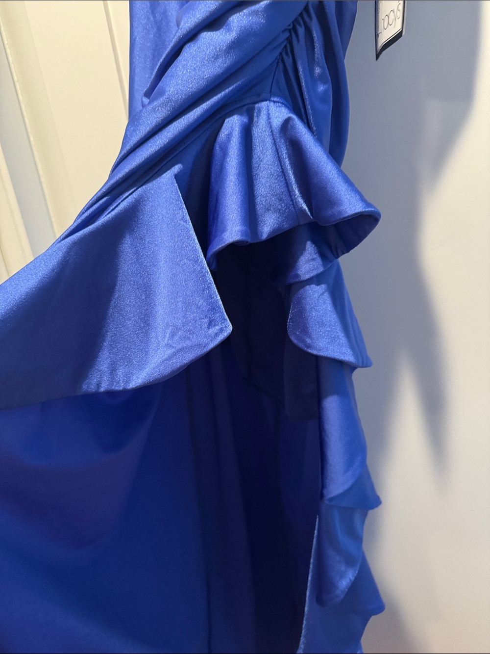 Emerald Sundae Cobalt Blue Satin Ruffle Maxi Dress slit on the side $99 retail - Picture 5 of 6